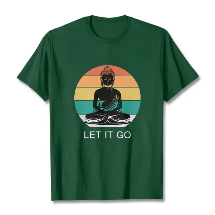 Buddha Stones Casual Colorful Striped Background Meditating Buddha Pattern Cotton Tee T-Shirt