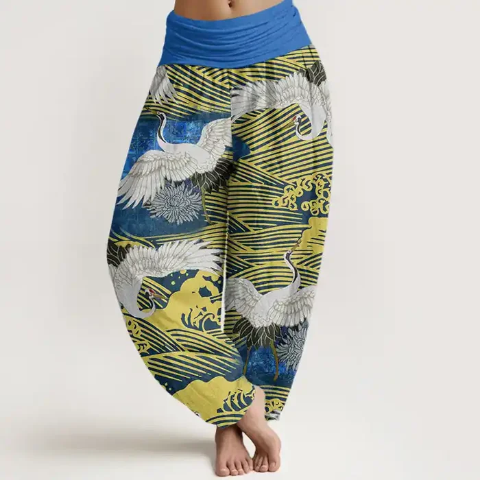 Buddha Stones Casual Crane Ocean Waves Chrysanthemum Pattern Women‘s Elastic Waist Harem Pants