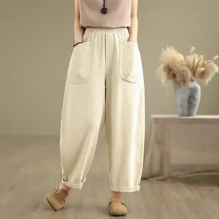 Buddha Stones Casual Daily Plain Simple Design Women‘s Cotton Linen Harem Pants With Pockets