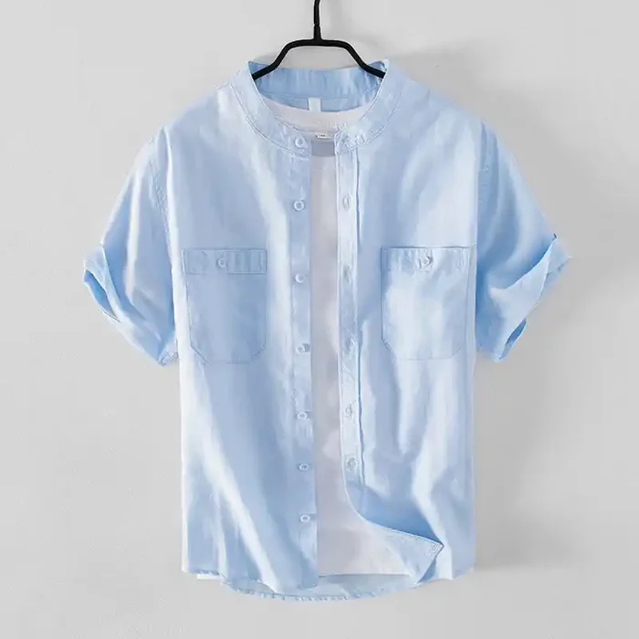 Buddha Stones Casual Daily Simple Buttons Design Stand Collar Men‘s Short Sleeve Cotton Linen Shirt With Front Pockets