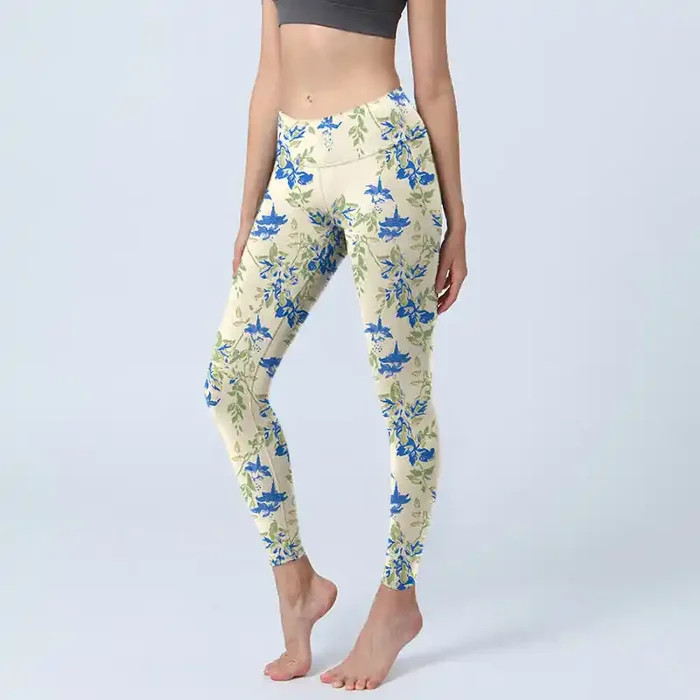 Buddha Stones Casual Dark Blue Flower Leaves Print Gym Fitness Leggings Women‘s Yoga Pants