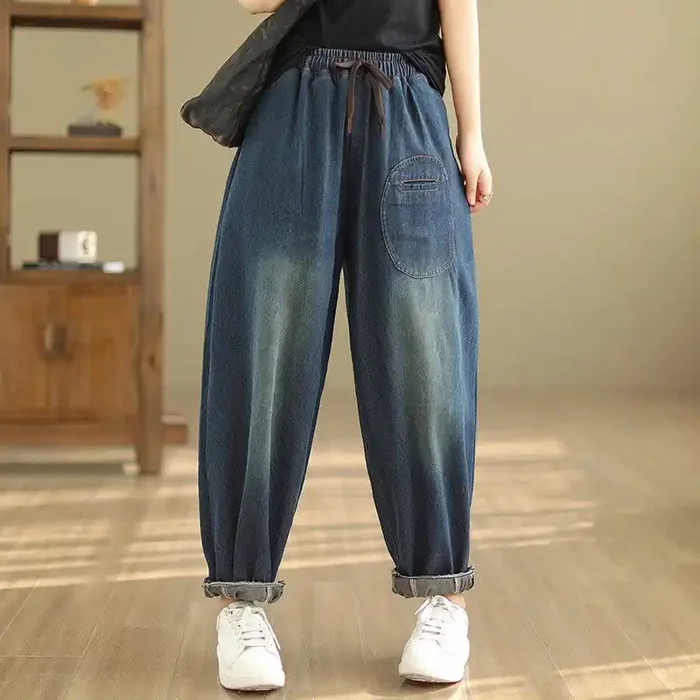 Buddha Stones Casual DarkSlateBlue Plain Drawstring Cotton Women‘s Harem Pants With Pockets