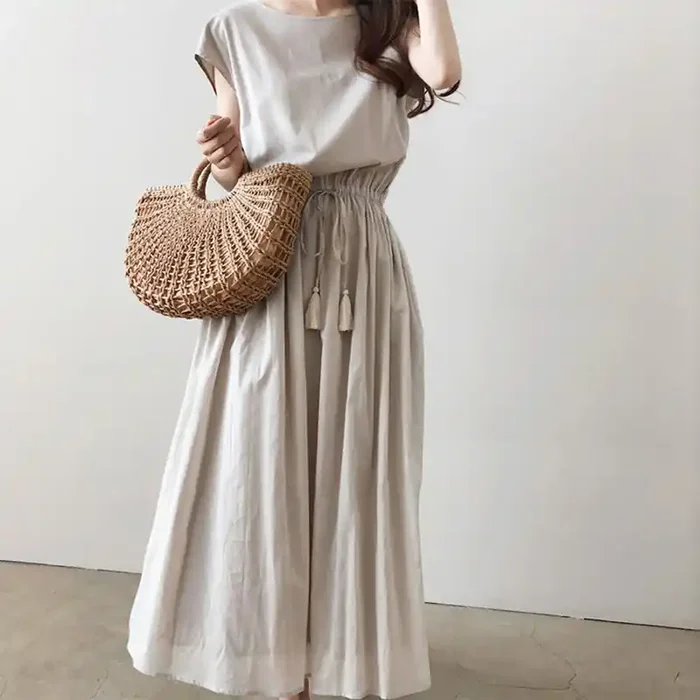 Buddha Stones Casual Eastic Waist Drawstring Design Short Sleeve Cotton Linen Midi Dress