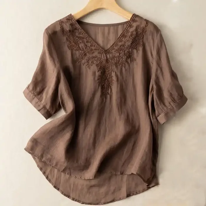 Buddha Stones Casual Embroidery Floral Women‘s V-Neck Design Half Sleeve Cotton Shirt