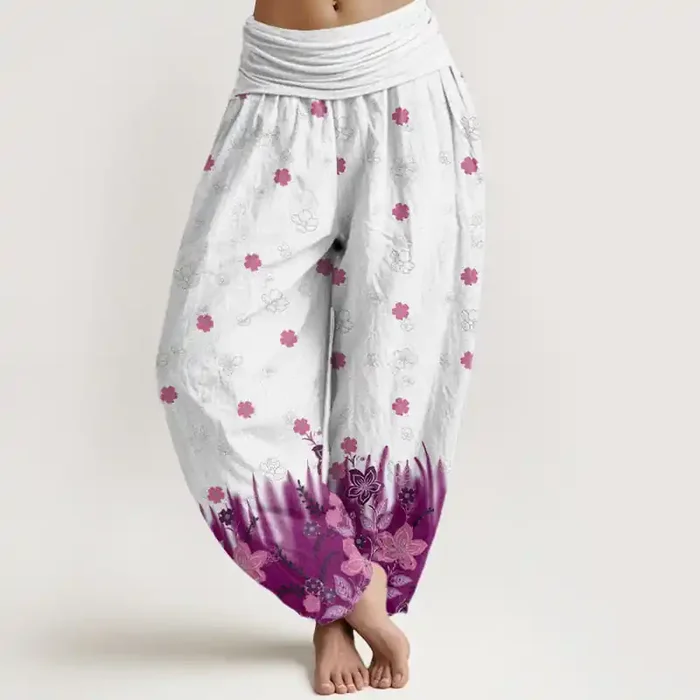Buddha Stones Casual Floral Leaf Grass Pattern Women‘s Elastic Waist Harem Pants