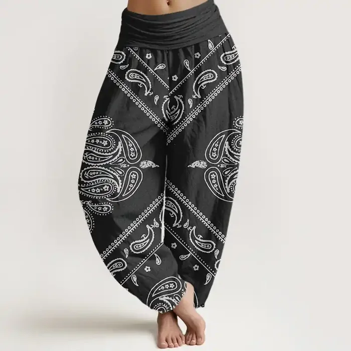 Buddha Stones Casual Floral Leaf Paisley Pattern Women‘s Elastic Waist Harem Pants