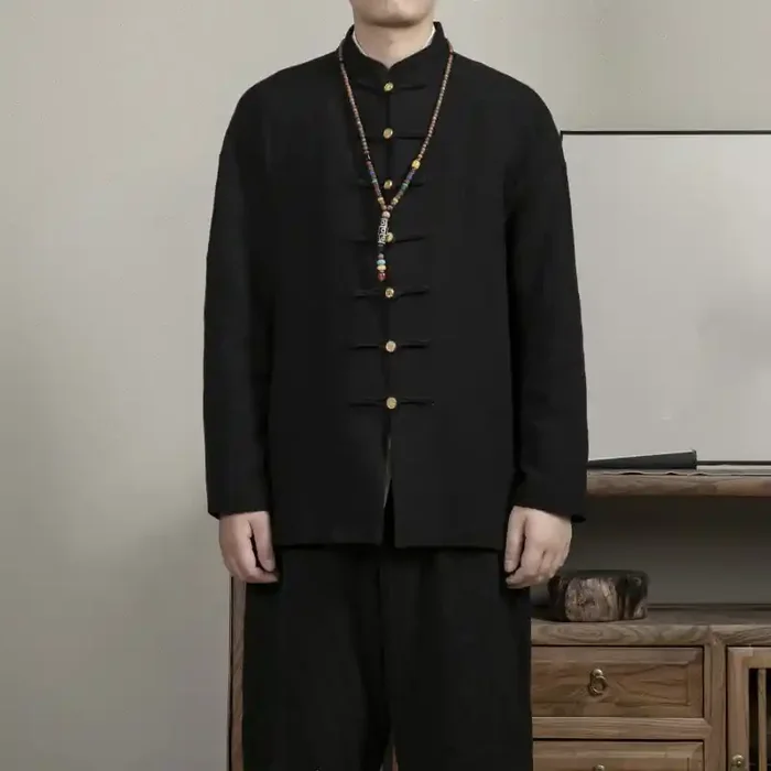 Buddha Stones Casual Frog-Button Tang Suit Jacquard Linen Men‘s Shirt