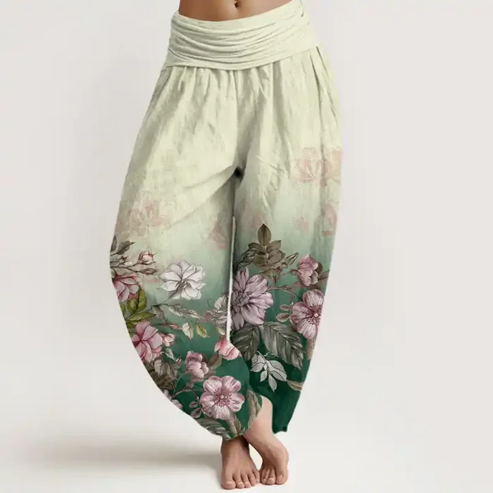 Buddha Stones Casual Gradient Petals Leaves Pattern Women‘s Elastic Waist Harem Pants