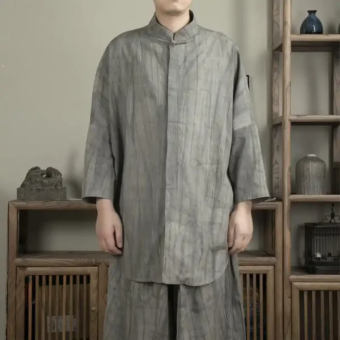 Buddha Stones Casual Gray Men‘s Frog-Button Shirt Zen Clothing