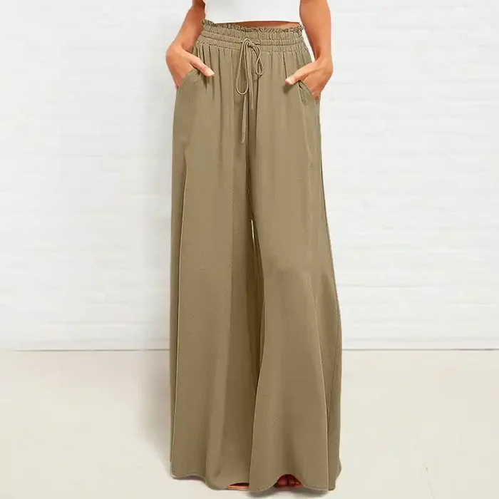 Buddha Stones Casual High Elastic Waist Plain Loose Women‘s Polyester Wide Leg Pants With Pockets