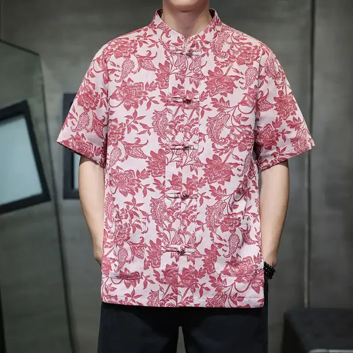 Buddha Stones Casual Jacquard Paisley Flower Plant Pattern Frog-Button Design Men‘s Cotton Shirt Cardigan With Pockets