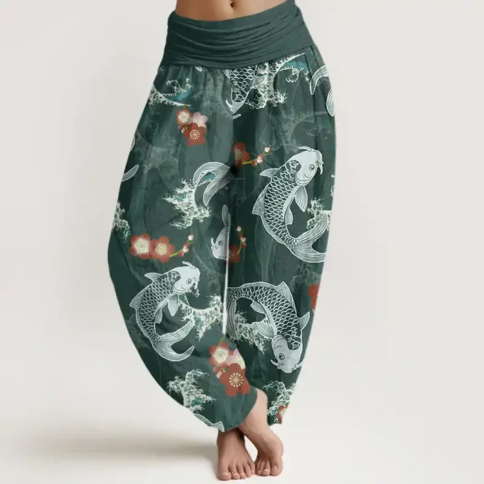 Buddha Stones Casual Koi Fish Cherry Blossoms Pattern Women‘s Elastic Waist Harem Pants