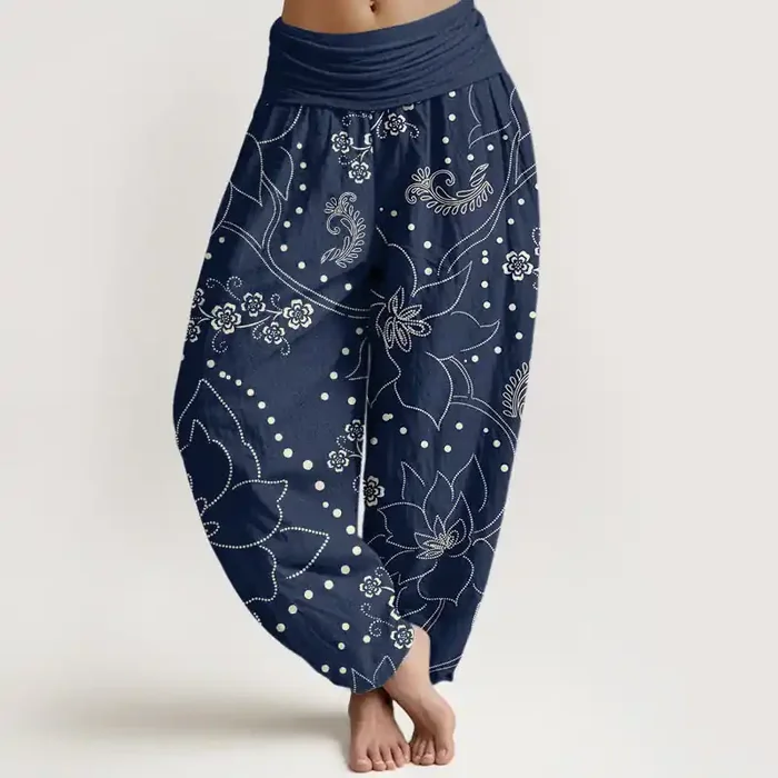 Buddha Stones Casual Large Flower Leave Pattern Women‘s Elastic Waist Harem Pants