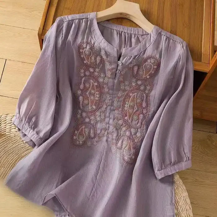 Buddha Stones Casual Loose Embroidery Frog Button Half Sleeve Crew Neck Cotton Women‘s Shirt