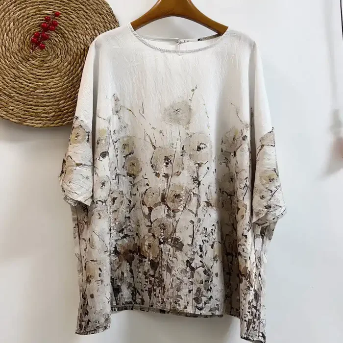 Buddha Stones Casual Loose Printed Petal Bush Women‘s Crew Neck Design Half Sleeve Polyester T-shirt