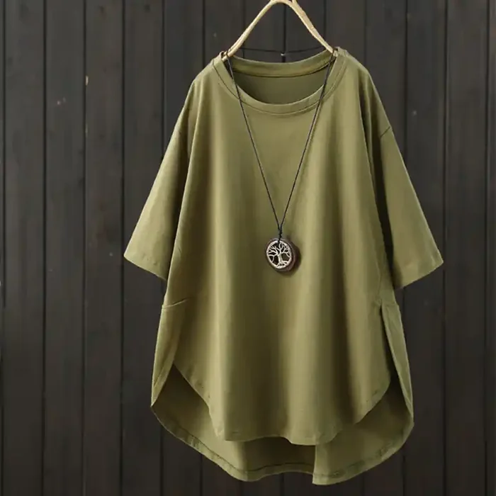 Buddha Stones Casual Loose Summer Plain Crew Neck Women‘s Cotton Short Sleeve T-shirt