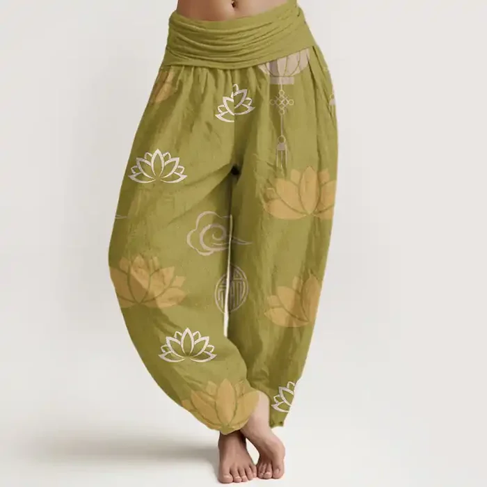 Buddha Stones Casual Lotus Flowers Lanterns Cloud Pattern Women‘s Harem Pants