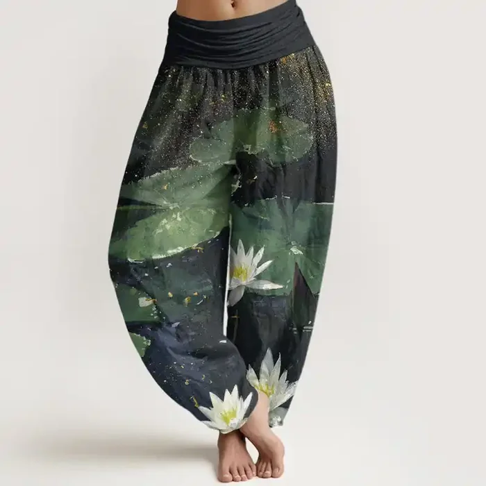 Buddha Stones Casual Lotus Leaves On The Lake Pattern Women‘s Elastic Waist Harem Pants