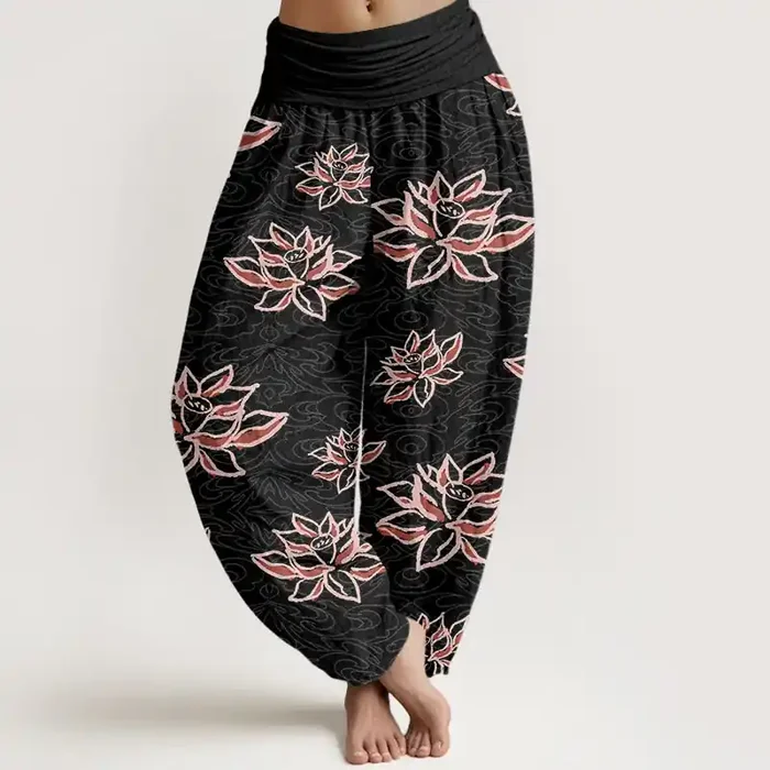Buddha Stones Casual Lotus Line Pattern Women‘s Elastic Waist Harem Pants