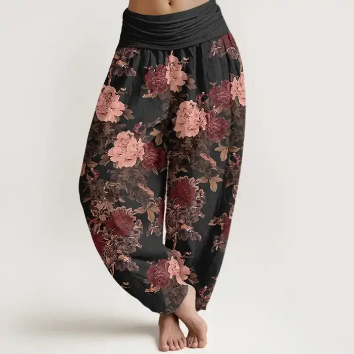 Buddha Stones Casual Lush Peony Flowers Leaf Pattern Women‘s Elastic Waist Harem Pants