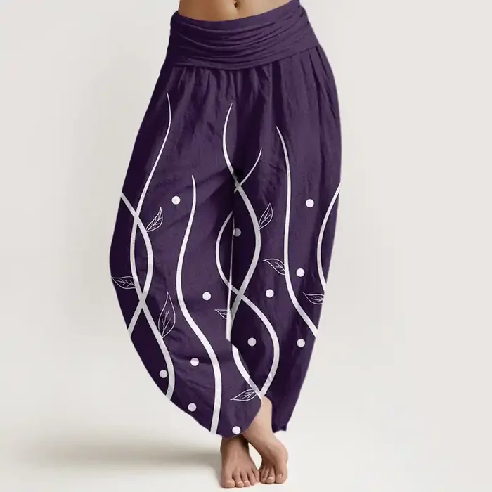 Buddha Stones Casual Minimalist Vine Leaf Pattern Women‘s Elastic Waist Harem Pants