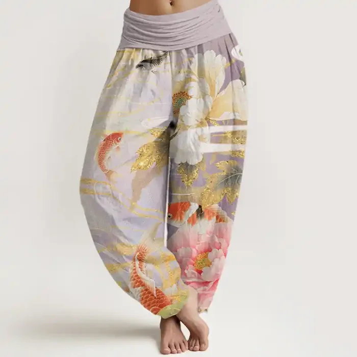 Buddha Stones Casual Peony Koi Fish Golden-Edged Leaves Pattern Women‘s Elastic Waist Harem Pants