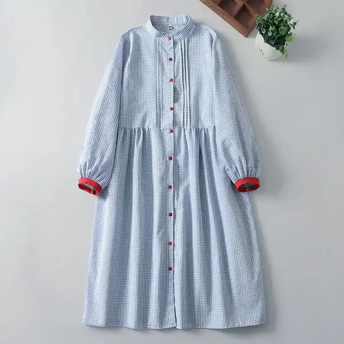 Buddha Stones Casual Plaid Pattern Long Lantern Sleeve Cotton Linen Midi Dress With Pockets