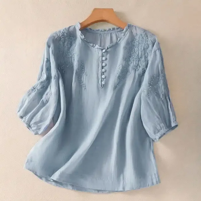 Buddha Stones Casual Plain Button Floral Embroidered Design Puff Half Sleeve Women‘s Shirt