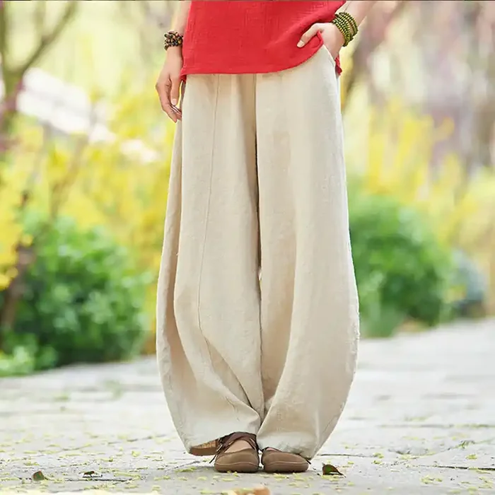 Buddha Stones Casual Plain Color Elastic Waistband Fleece Lined Cotton Ramie Women‘s Pants With Pockets