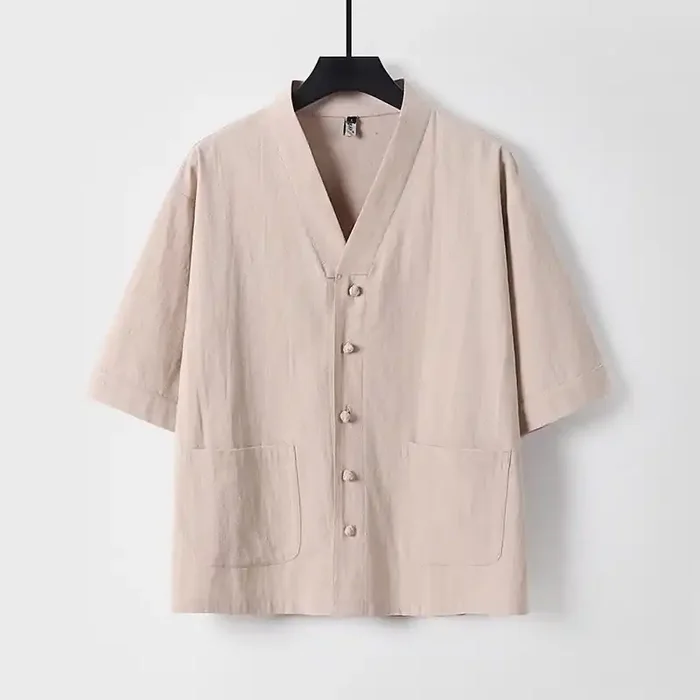 Buddha Stones Casual Plain Color Three Quarter Sleeve Front Button Cotton Linen Men‘s Shirt With Pockets