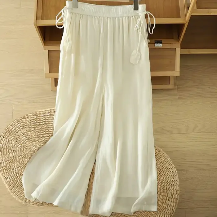 Buddha Stones Casual Plain Lined Ribbon Elastic Women‘s Polyester Wide Leg Pants With Pockets
