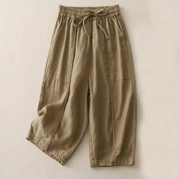 Buddha Stones Casual Plain Solid Color Patchwork Women‘s Polyester 7-8 Length Wide Leg Pants With Pockets