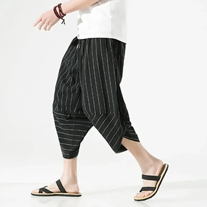 Buddha Stones Casual Plain Stripes Pattern Drawstring Men‘s 7-8 Length Cotton Linen Harem Pants With Pockets
