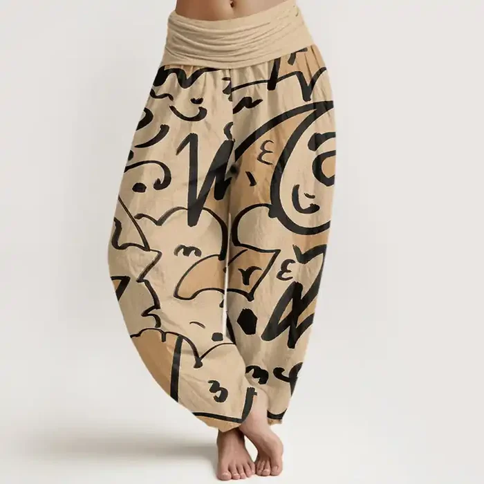 Buddha Stones Casual Playful Doodl Line Pattern Women‘s Elastic Waist Harem Pants