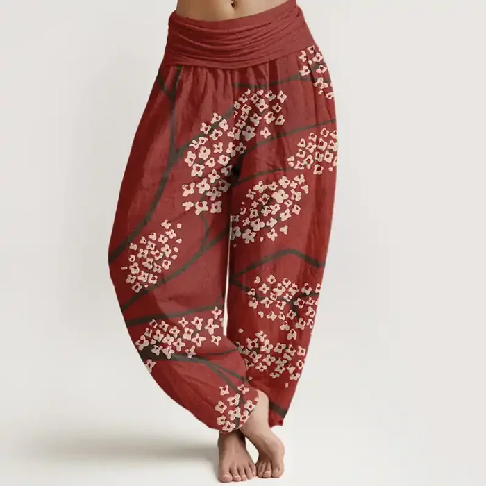 Buddha Stones Casual Plum Blossom Branch Pattern Women‘s Elastic Waist Harem Pants