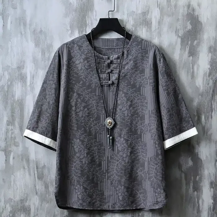 Buddha Stones Casual Retro Jacquard Chinese Frog-Button Design Men‘s Crew Neck Half Sleeve Cotton Shirt
