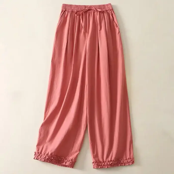 Buddha Stones Casual Ruffle Hem Patchwork Design Drawstring Ankle-length Women‘s Cotton Pants With Pockets