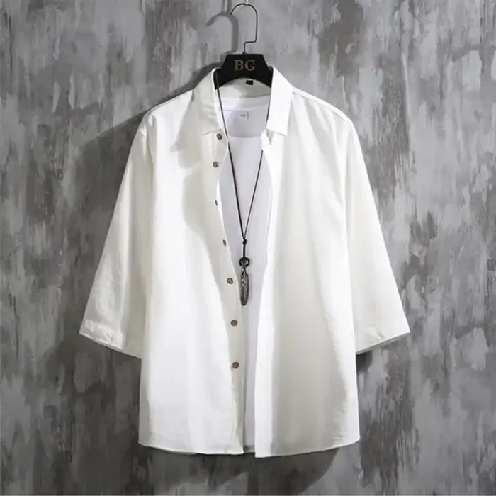 Buddha Stones Casual Solid Color Front Button Three Quarter Sleeves Men‘s Shirt