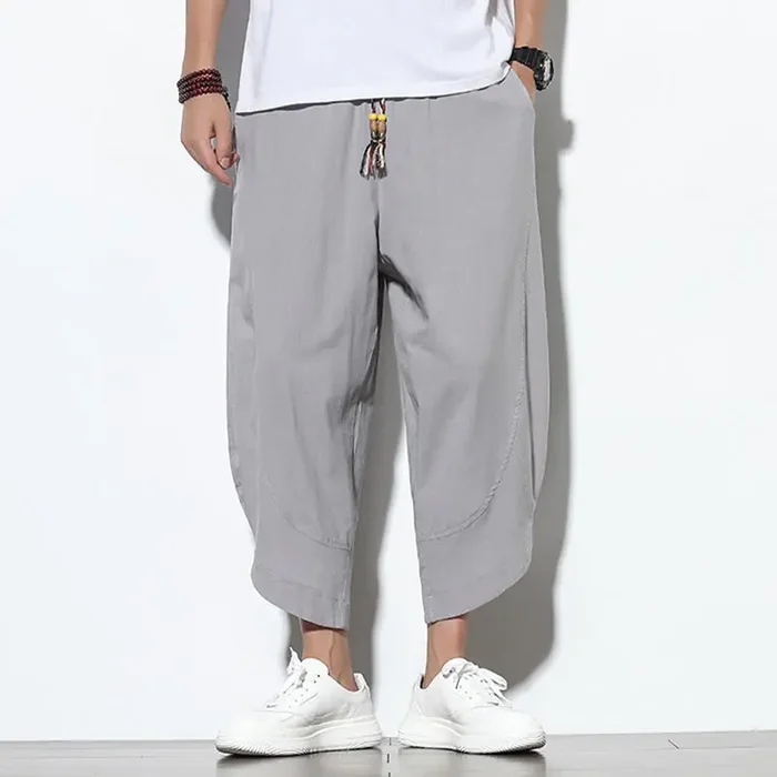 Buddha Stones Casual Summer Drawstring 7-8 Length Linen Men‘s Harem Pants With Pockets