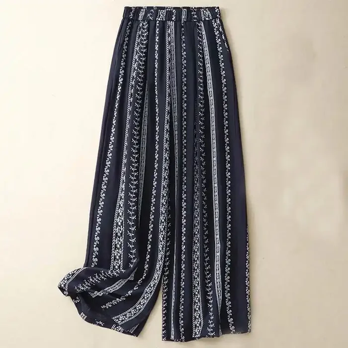Buddha Stones Casual Vertical Printing Cotton Linen Women‘s Wide Leg Pants With Pockets