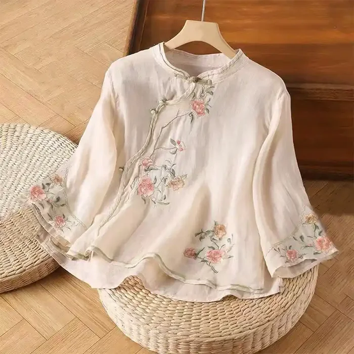 Buddha Stones Casual Vintage Embroidery Flower Pattern Chinese Frog-Button Crew Neck Design Women‘s Cotton Linen Shirt