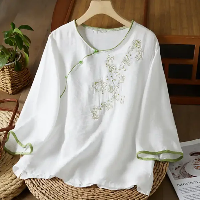 Buddha Stones Casual Women‘s Flowers Embroidery Pattern Frog-button Slanted Collar Design Three Quarter Sleeve Cotton Linen Shirt