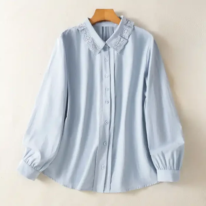 Buddha Stones Casual Women‘s Long Sleeve Lace Lapel Cotton Shirt