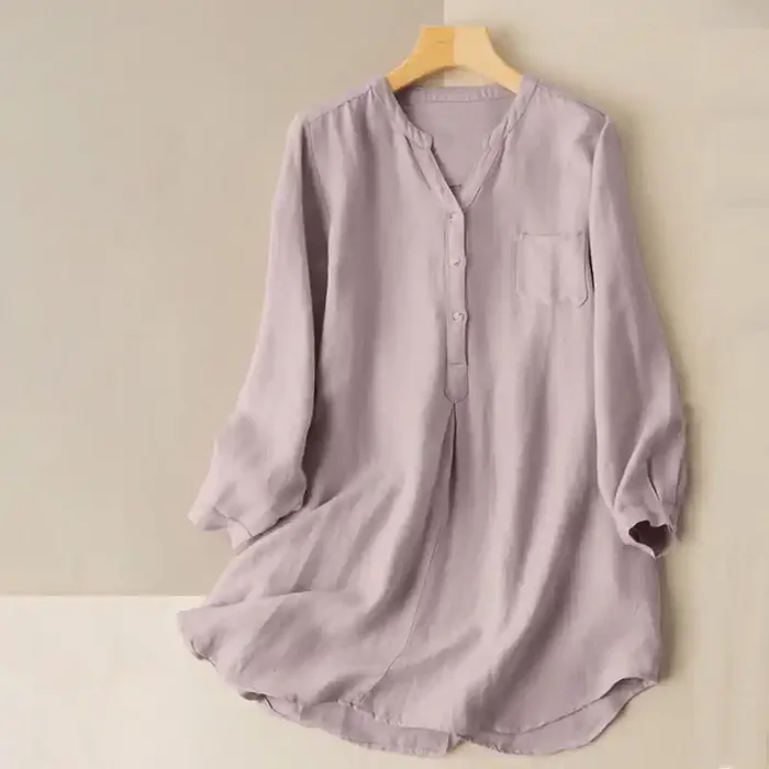 Buddha Stones Casual Women‘s V-neck Long Sleeve Design Three Buttons Polyester Shirt