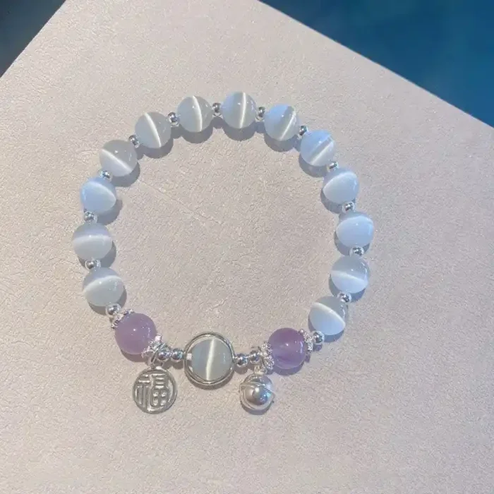 Buddha Stones Cat‘s Eye Amethyst Fu Character Bell Charm Support Bracelet