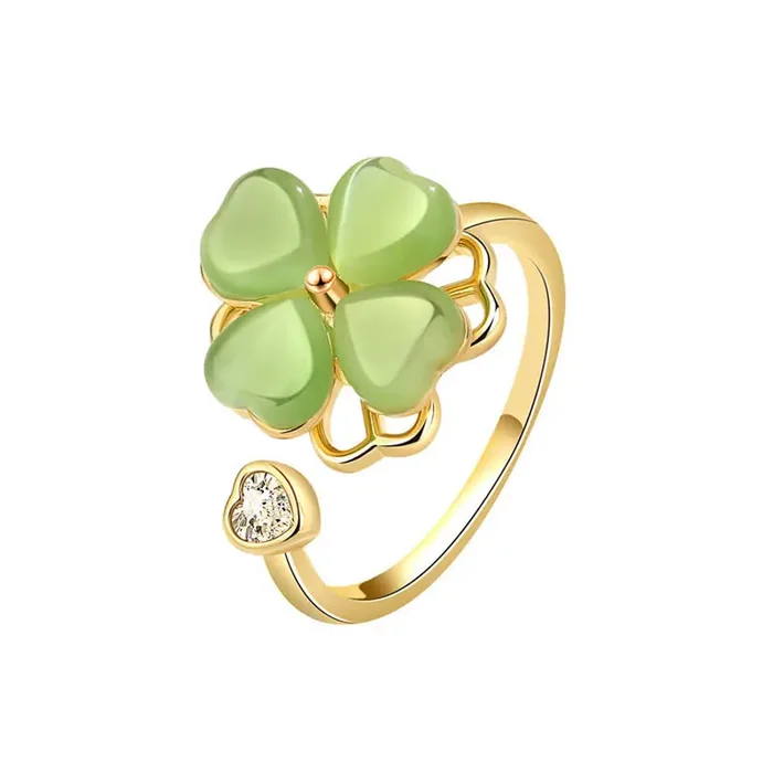 Buddha Stones Cat‘s Eye Four Leaf Clover Zircon Love Rotatable Ring