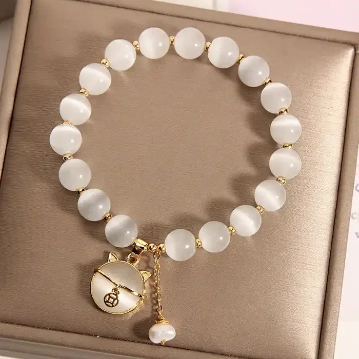 Buddha Stones Cat‘s Eye Lovely Cat Pattern Pearl Love Charm Bracelet
