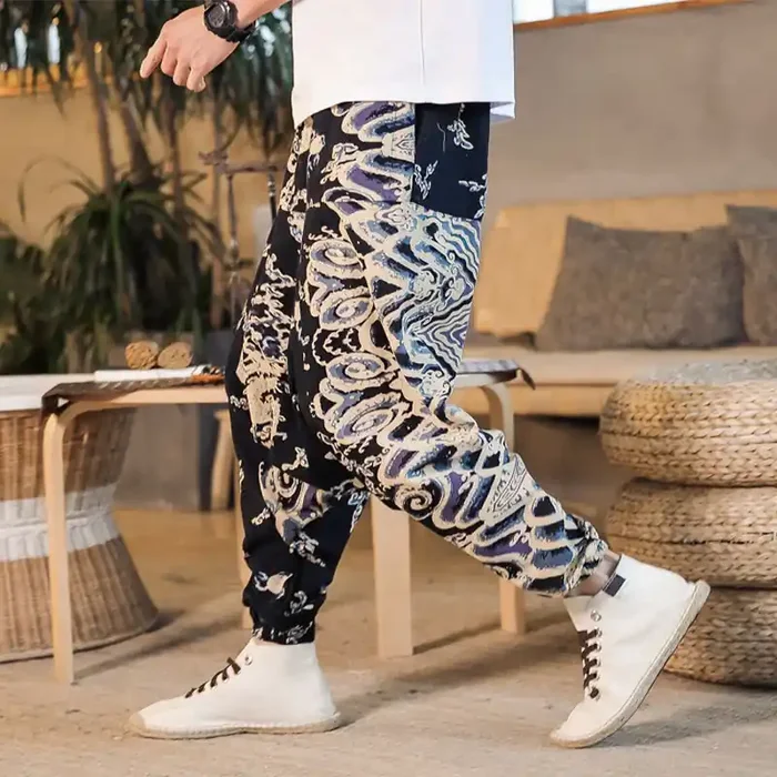 Buddha Stones Chinese Dragon Pattern Cotton Men‘s Harem Pants With Pockets