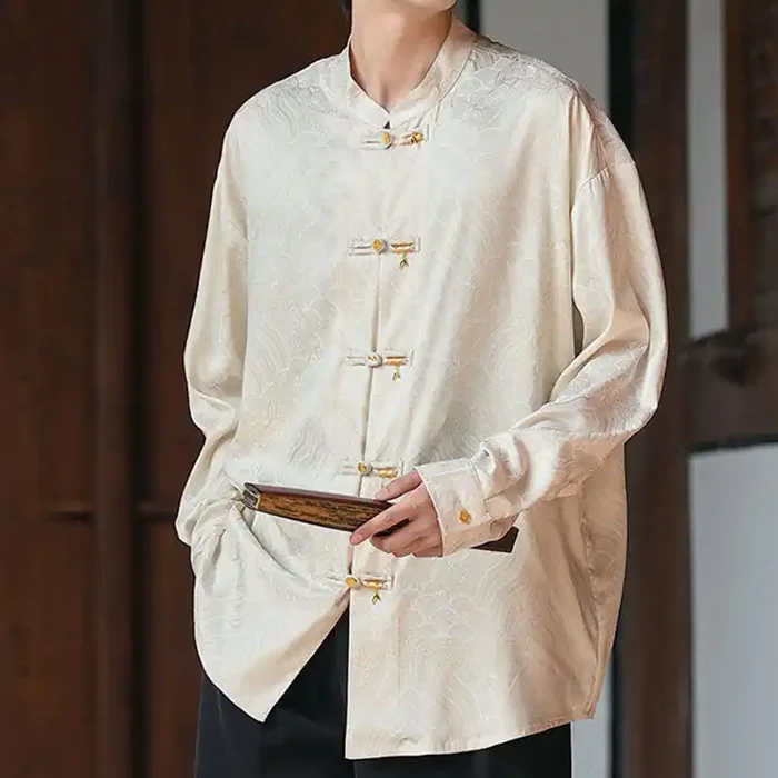 Buddha Stones Chinese Frog-Button Bamboo Shape Design Stand Collar Men‘s Long Sleeve Shirt