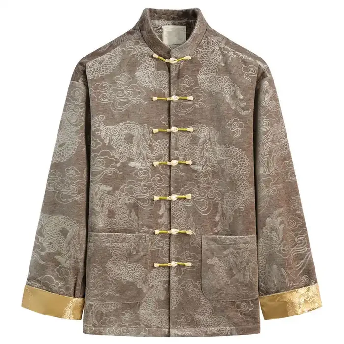 Buddha Stones Chinese New Year Dragon Auspicious Clouds Frog-button Tang Suit Men‘s Jacket Shirt With Pockets
